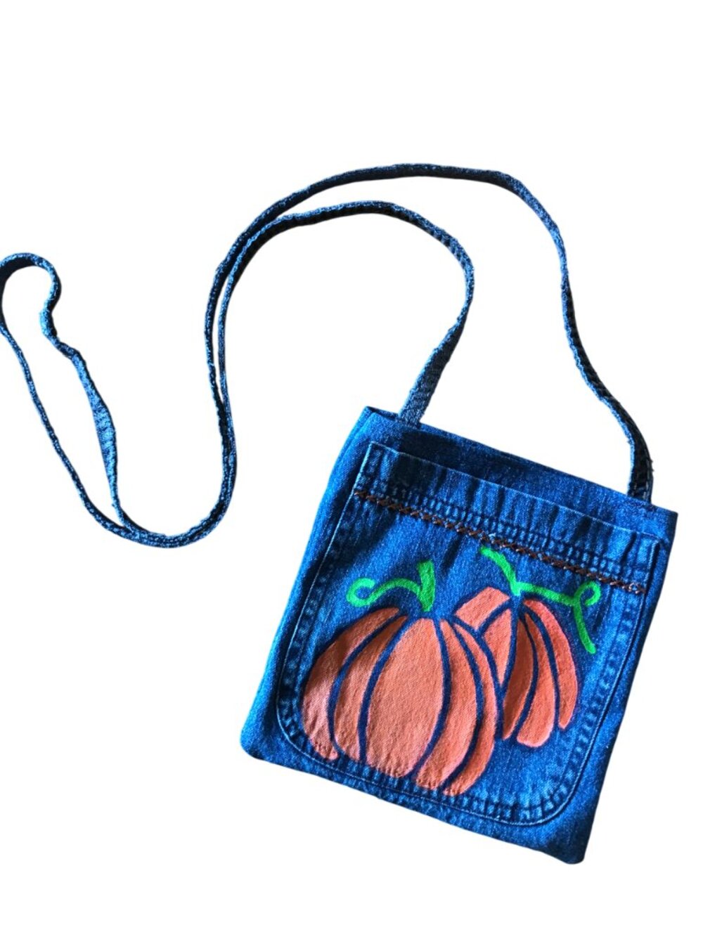 Autumn Crossbody Bag Recycled Denim Handmade Cell Phone Holder Painted Pumpkin